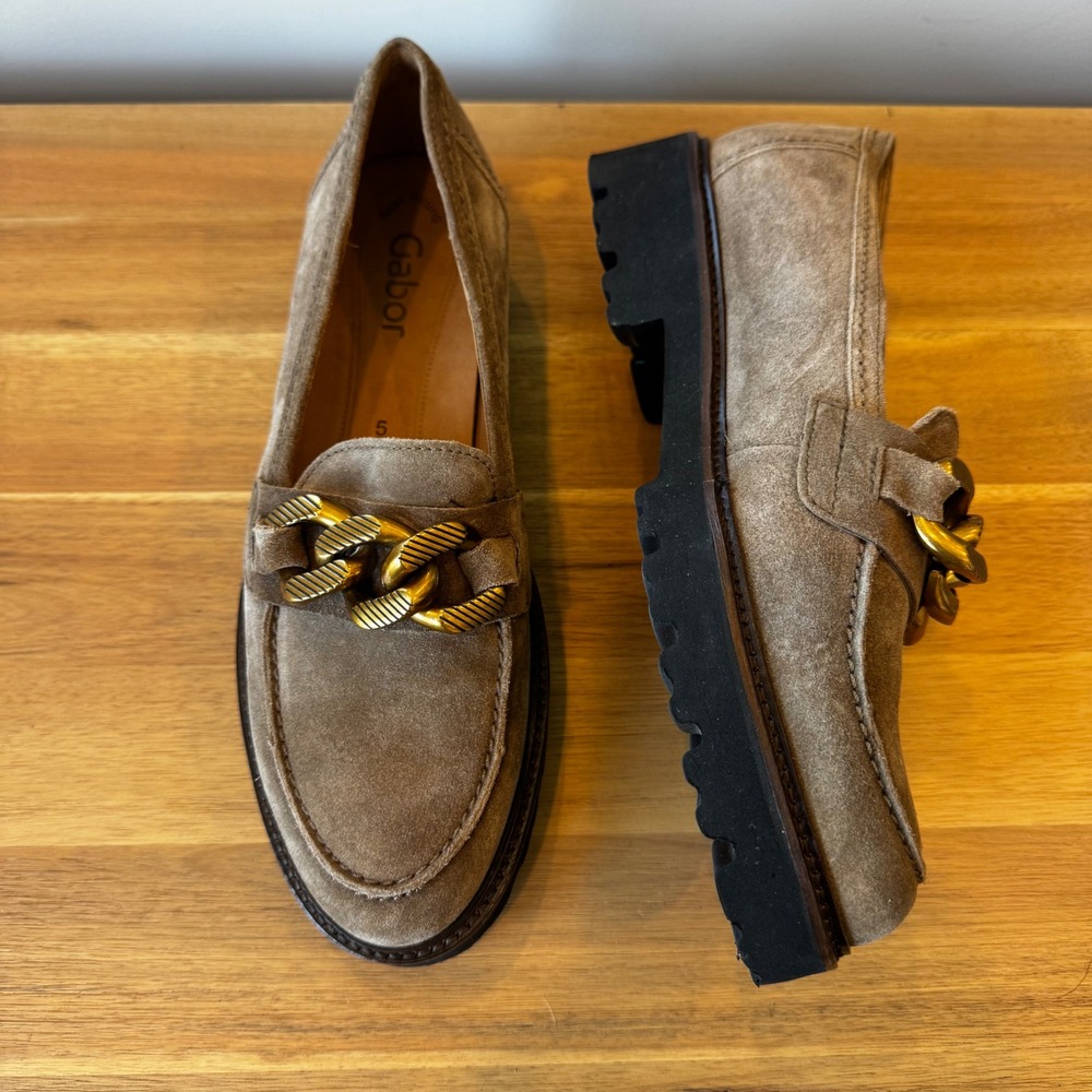 Gabor Women‎ 7.5 UK 5 Tan Suede Chunky Chain Link Loafers Lug Sole Shoes Preppy - Picture 2 of 16